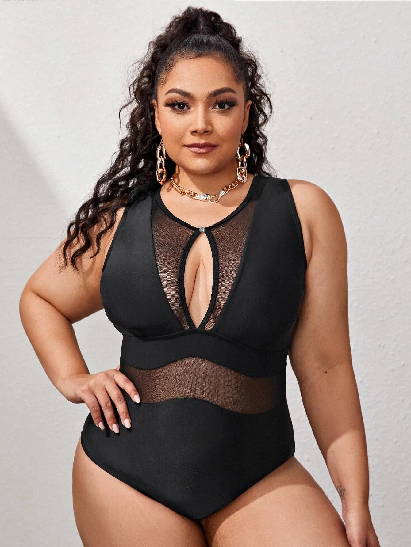 Mesh Black Swimsuit One Piece Large Plus Size Swimwear Women One-piece Suits Beachwear Bathing Swimming Suit Female 4XL