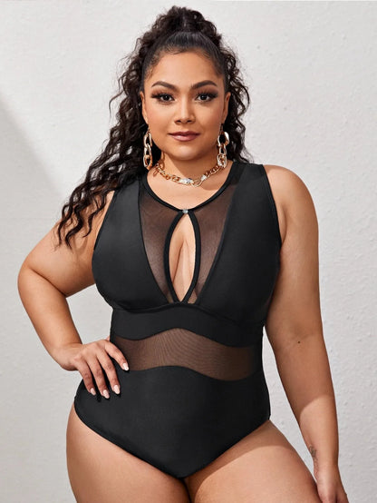 Mesh Black Swimsuit One Piece Large Plus Size Swimwear Women One-piece Suits Beachwear Bathing Swimming Suit Female 4XL