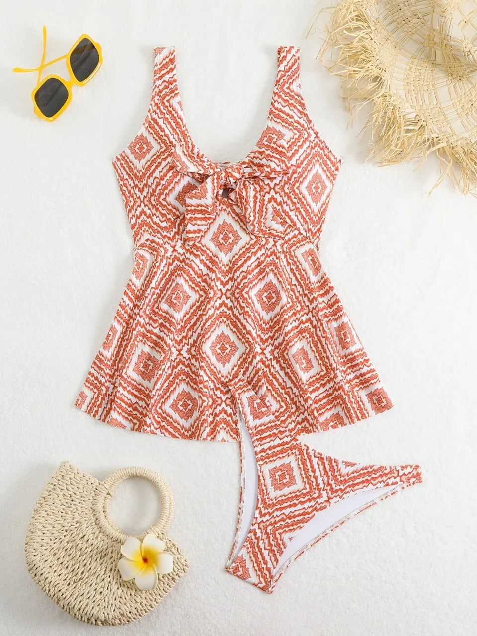 Strappy Knot Front Swimsuit Women Two Pieces Triangle Swimwear Female Skirt Printed Bathing Swimming Suit Padded Beachwear