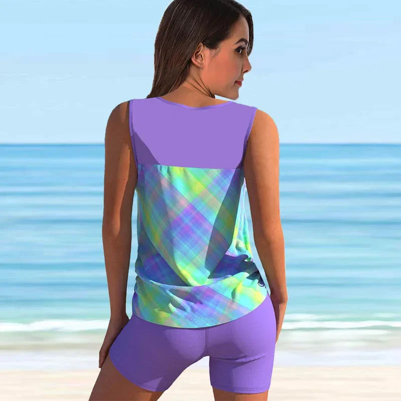 Women's Fashion Backless Retro Style Swimwear Two Piece Swimsuit Patchwork Printed Tankini Shorts Swimming Clothes S-6XL