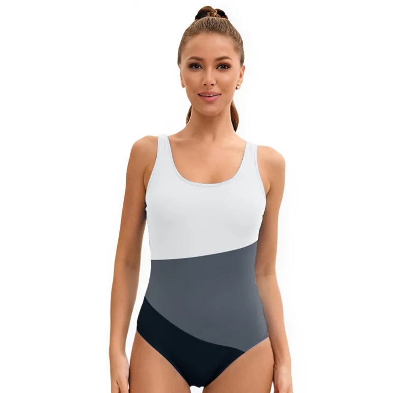 Women's One Piece Swimsuit Tummy Control Bathing Swim Suit Slimming Color Block Scoop Neck Summer Swimwear for Lady