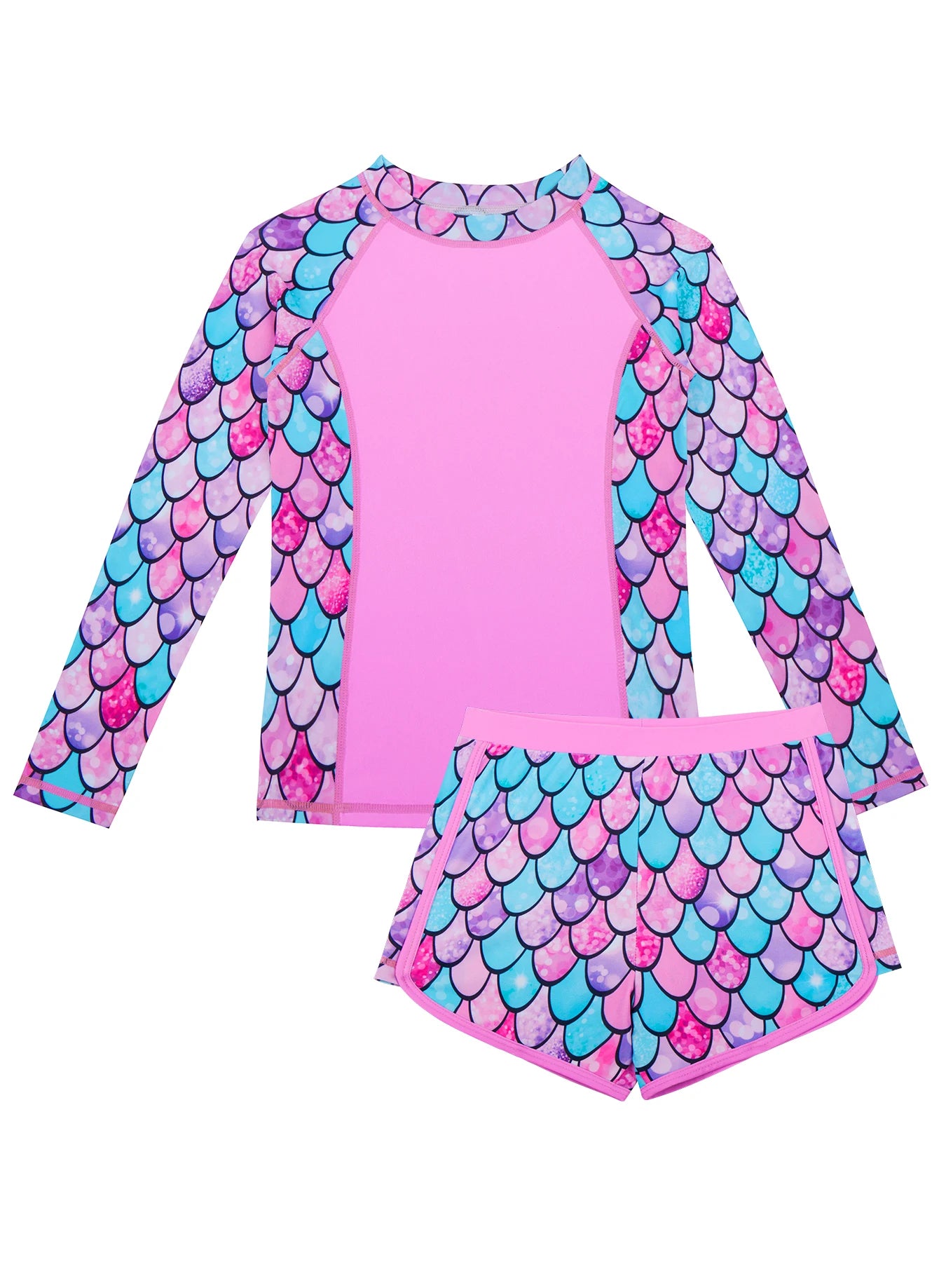 2-Piece Swimwear Kids Girl Long-Sleeved Swimsuit Scale Print Swimming Suit Beach Pool Tops & Boyleg Swim Shorts Summer Pink Sets