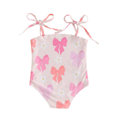 Kids Girls Sleeveless Bikini Swimsuit Cute Elastic Bow Print Strap Children Swimwear for Summer Beach Bathing Suit