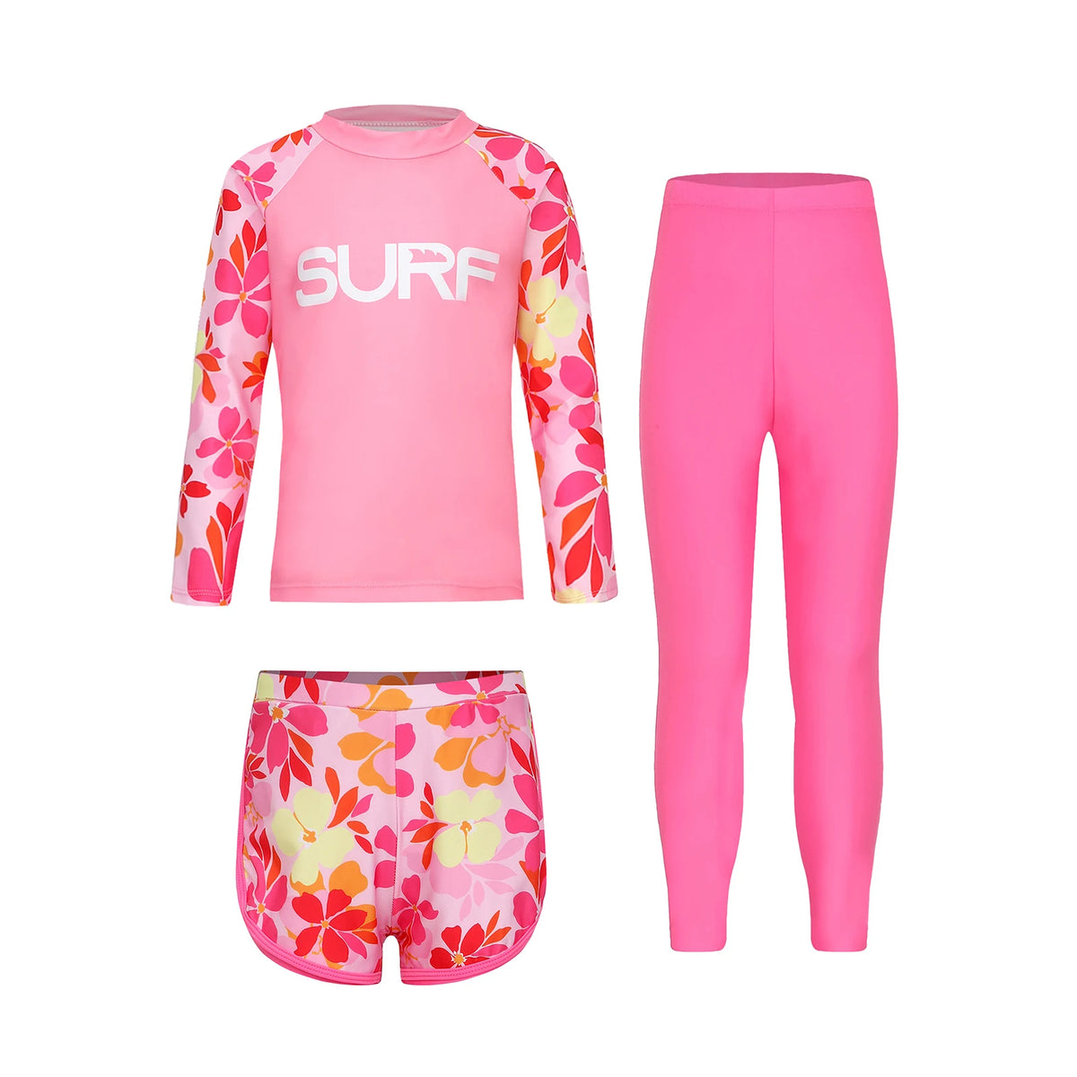 Kids' Three-Piece Long-Sleeve Rash Guard Set with Shorts & Pants