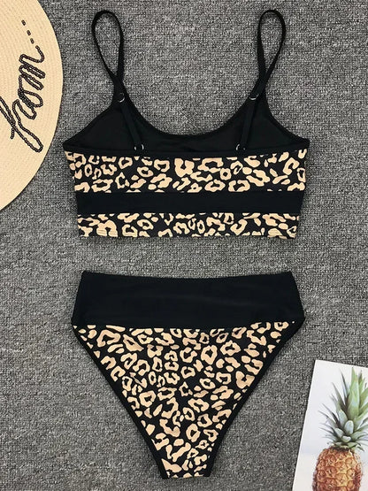 Splicing Leopard High Waist Bikini Women Swimsuit Female Swimwear Two-piece Bikini set Padded Bather Bathing Suit Swim Wear Lady