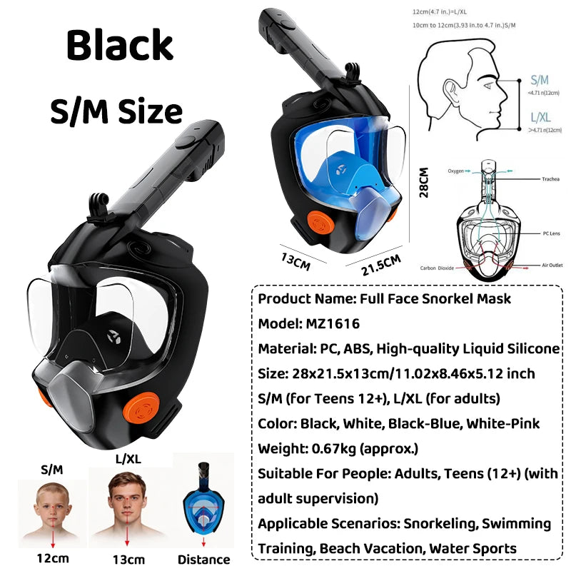 Full Face Snorkel Mask - Dry Snorkel , Anti-Fog , Leak-Proof  Panoramic View Swimming Diving Beach Water Sports for Adults Teens