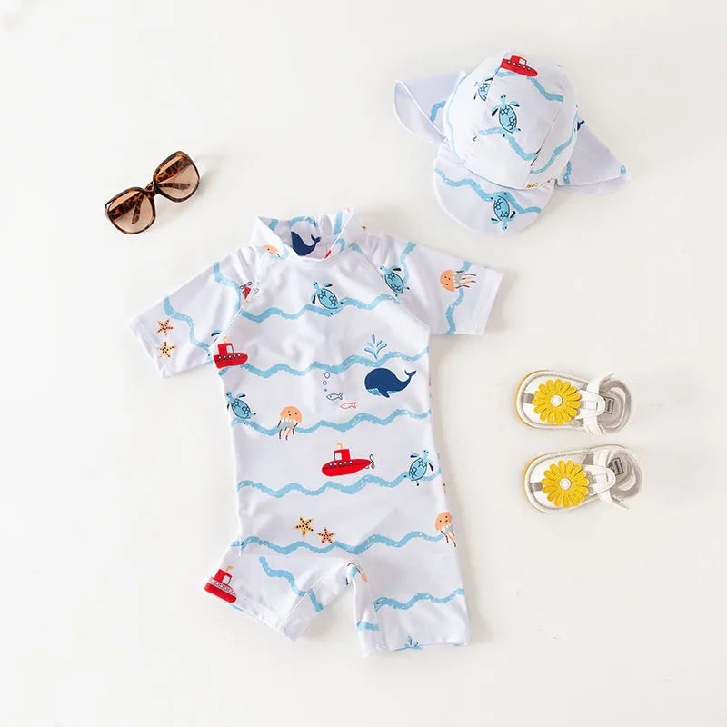 Cute Baby Boys Swimsuit with Cartoon Shark Penguin Print Toddler Bathing Suit Kids Swimwear One Piece Swimming Suit for Children