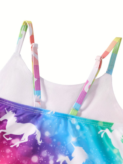 Girls Swimsuit, One-Piece All-Over Print Swimwear, Bikini Cut Bottom, Rainbow Shimmer Pattern, Beach Pool Bathing Style, Summer