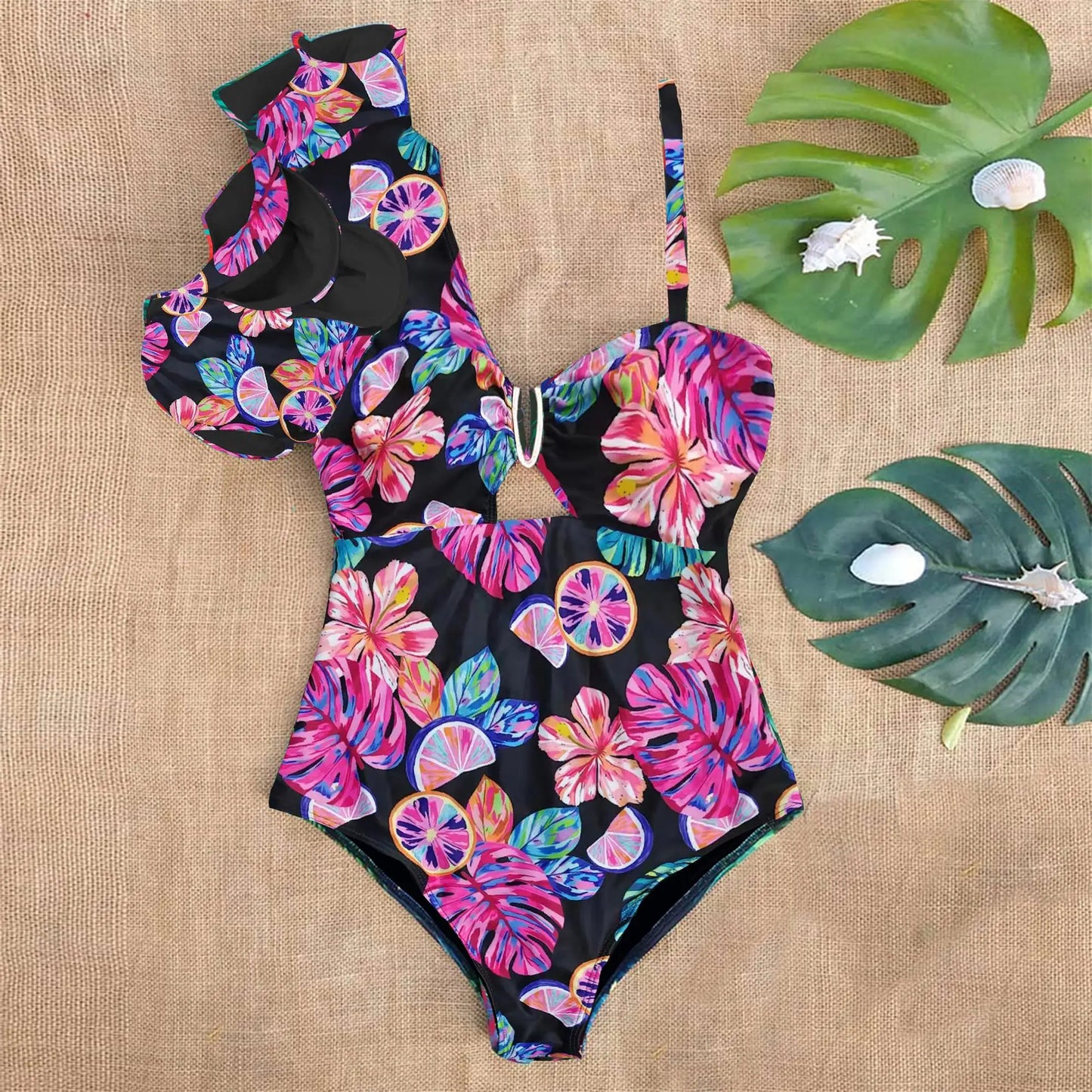 Ruffle Print Floral One Piece Strappy One shoulder Swimwear Women Swimsuit Bathing Suit Backless Beachwear Monkini