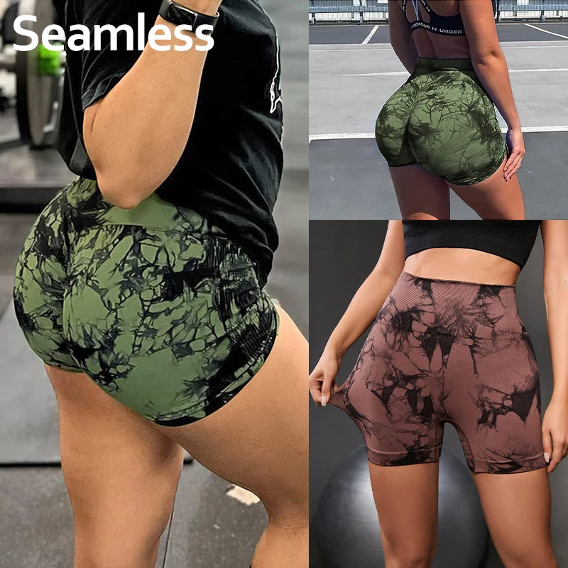 High Waisted Tie Dyeing Yoga Shorts Women's Scrunch Butt Seamless Leggings Quick Drying Athletic Workout Gym Bottoms