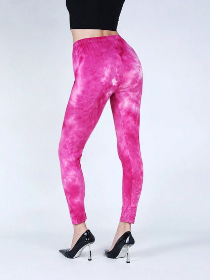 CUHAKCI Fashion Casual Women's Tight Pants High Elasticity Tight Legging Tie Dyeing Solid Color Fitness Exercise Nine Point Pant