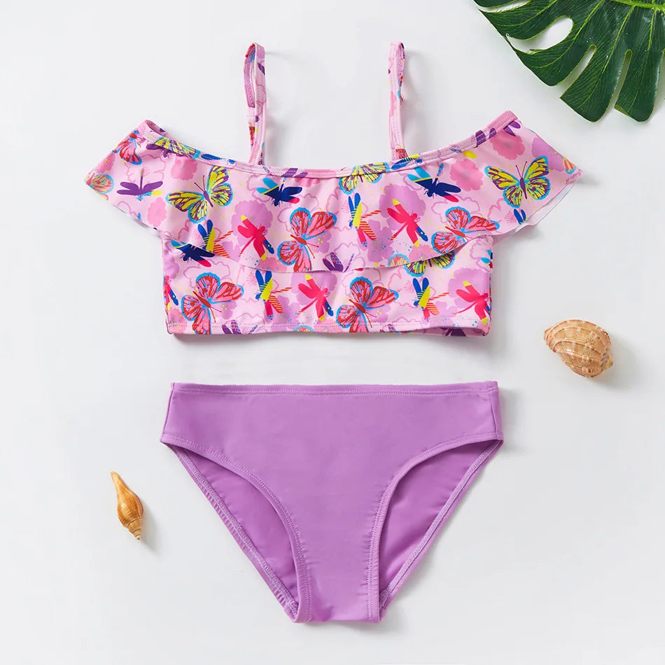 Kids Baby Girl Swimsuits Summer Flamingo Floral Sleeveless Two Pieces Ruffles Bikini Set  Swimwear Beachwear Bathing Suits