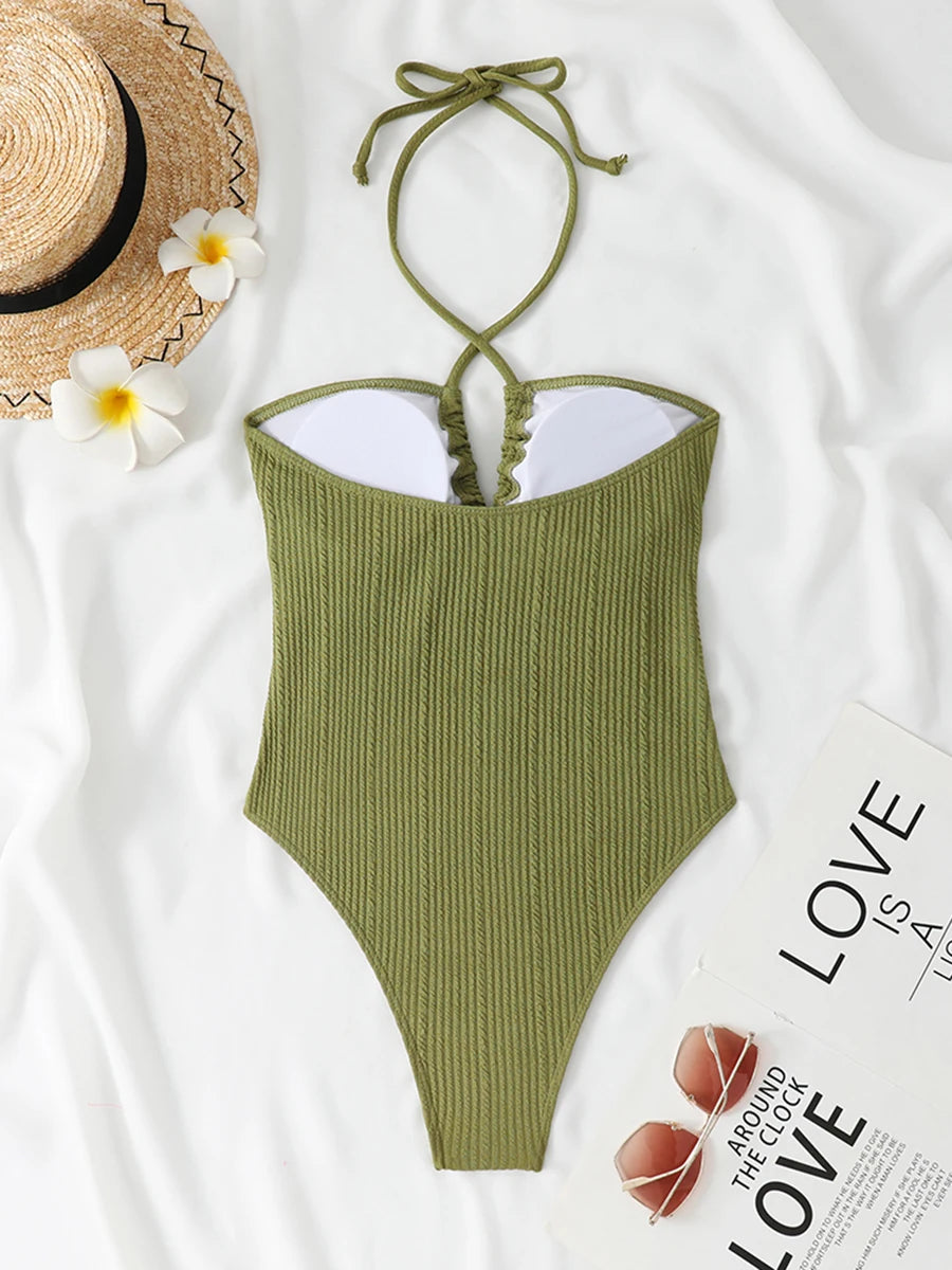 Halter Swimsuit One Piece Solid Hollow Swimwear Women Bathers Bathing Swimming Swim Suit Female Beachwear Bodysuit