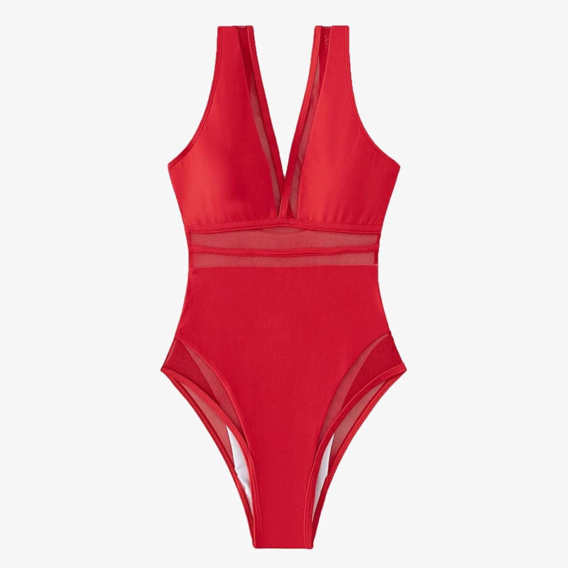 Mesh V Swimsuit One Piece Swimwear Women Black Bathing Suits Plunging Monokini Summer Beachwear