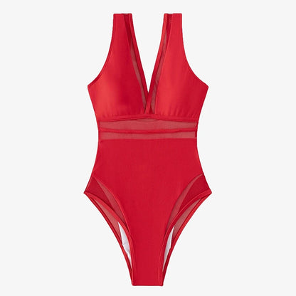 Mesh V Swimsuit One Piece Swimwear Women Black Bathing Suits Plunging Monokini Summer Beachwear