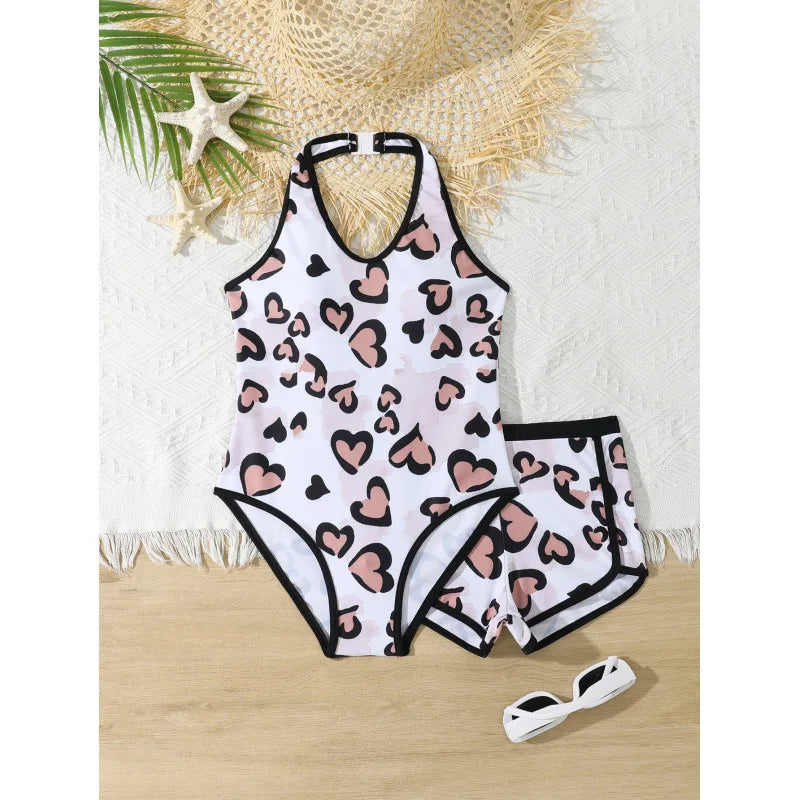 Girls One Piece Swimsuit 7-12 Year Kids Swim Suit Teenage Children's Swimwear Leopard Bathing Suits with Shorts Bodysuit