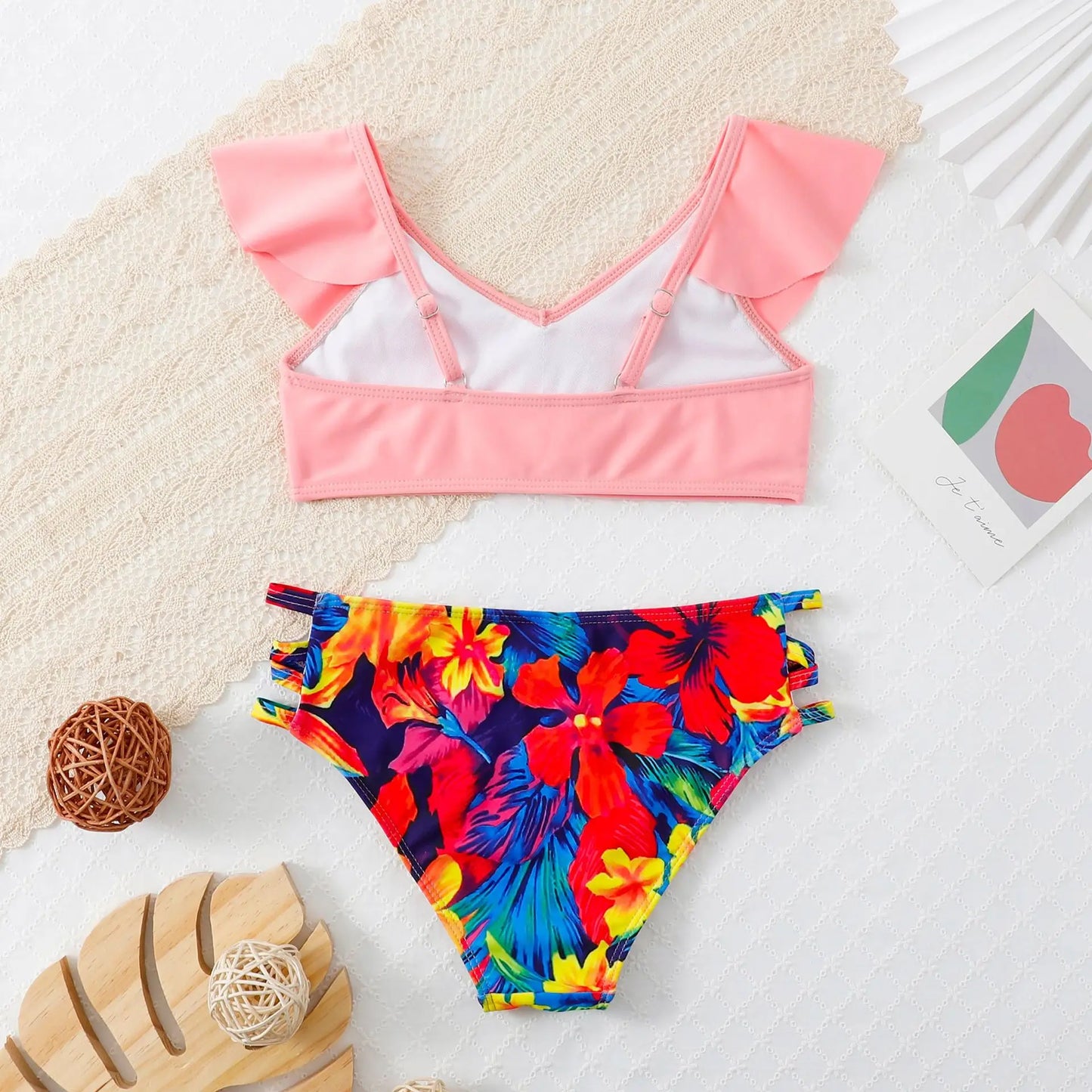 Girls Ruffle Bikini Two Pieces Swimsuit Kids Print Off Shoulder Children's Swimwear 7-12Years Teenager Bathing Suit Beach Wear