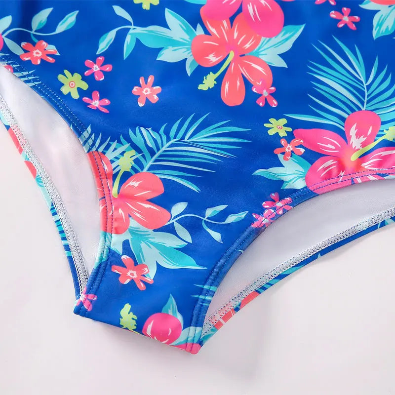 European And American Style Girls One-piece Swimsuit 4-12Years Kids Long Sleeves Broken Flowers Print Bathing Suit