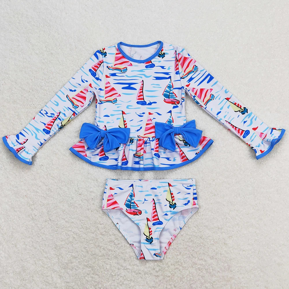 Colourful Designs Baby Girls Swimsuits Long Sleeve One Pieces Swimsuit Summer Fashion Kids Clothes Swimwear Boutique Girls Swim Clothes