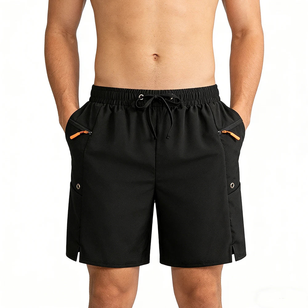 Men's Summer Black Quick Dry Casual Gym Shorts Elastic Waist Side Security Zippered Pocket Versatile for Running Fitness Hiking