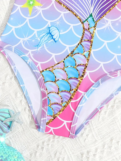 Cartoon mermaid tail and scale print one-piece swimsuit for young girls Chest Pad