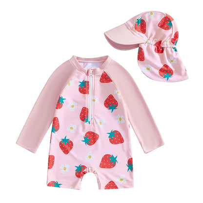 Toddler Girl Long Sleeve Swimsuit Floral Flamingo Print Half Zipper Non-Pilling Rash Guard Swimwear Sunhat Set