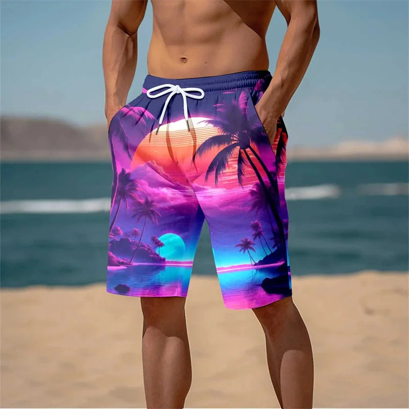 Harajuku 3D Cocoanut Trees Printing Beach Shorts Palm Tree Graphic Board Shorts For Men Hawaiian Cool Swimming Trunks