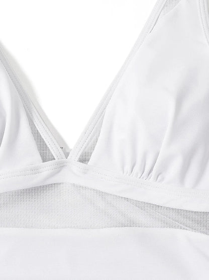 Mesh Panel Swimsuit One Piece High Cut Swimwear Women Solid Bathers Bathing Suit Female Backless Swimming Beachwear