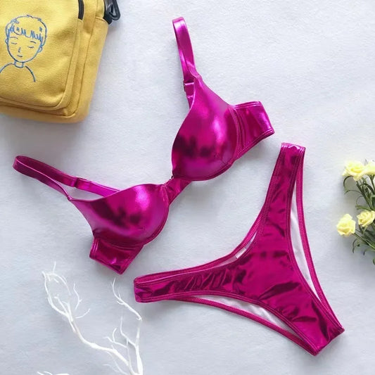 metallic push up micro bikinis sets padded bra bathing suit beach wear women sexy thong bikini reflective shinny swimsuits