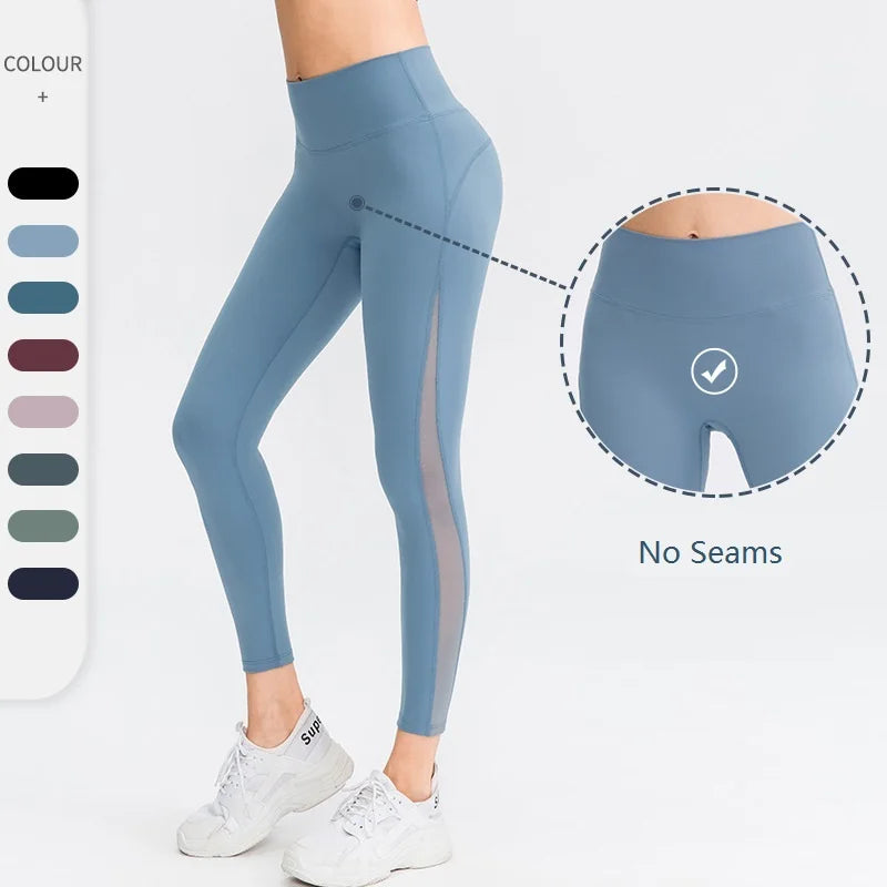 Women Yoga Pants Tight High Waist Hip Raise Mesh No T-shaped Stitches Sports Leggings for Fitness