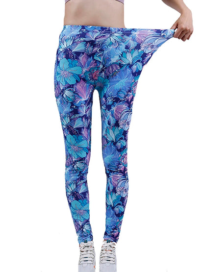 Women's Blue Floral Print Leggings Lady Skinny Stretch Leggins Fitness High Elastic Pencil Pants Stretch Tights