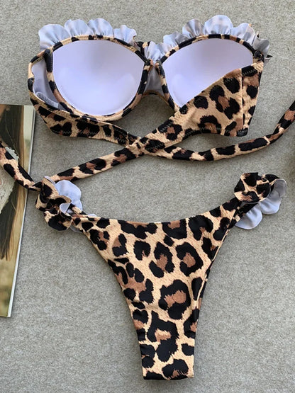 Leopard Ruffled Bra Cup Bikini Women Bandeau Swimsuit Female Swimwear Two Pieces Bikini Set Push Up Bathing Suit Swim Lady