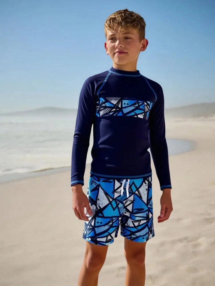 Boys' Blue Geometric Long-Sleeve Rash Guard Set with Shorts