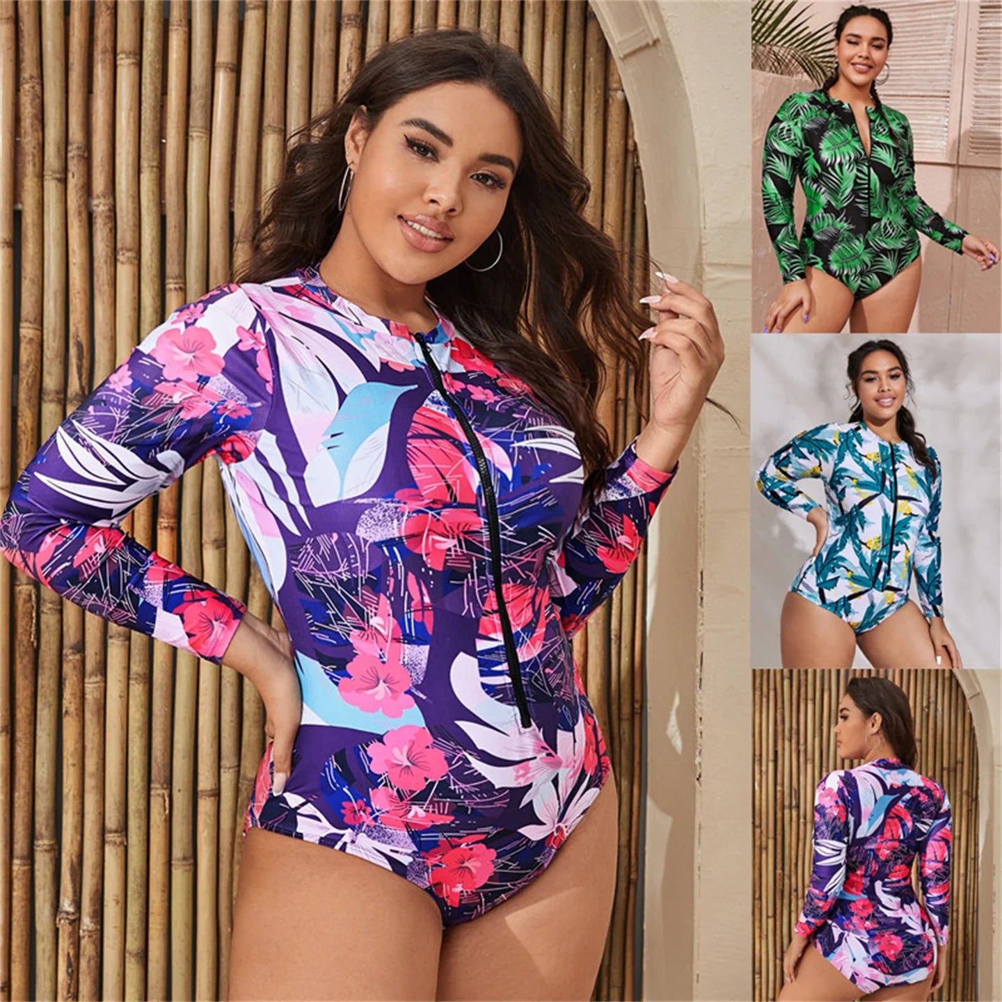 Summer Women Plus Size Large Bikini Long Sleeved Triangle Shorts Rash Guards Surfing One Piece Suit Snorkeling Swimwear