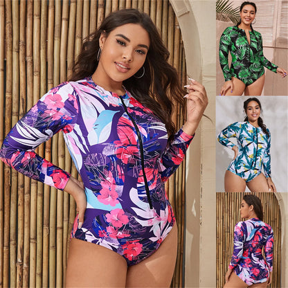 Summer Women Plus Size Large Bikini Long Sleeved Triangle Shorts Rash Guards Surfing One Piece Suit Snorkeling Swimwear