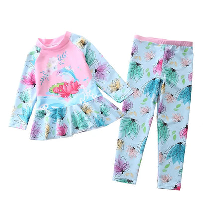 Swimsuit for Girls Long Sleeve Ruffles Girls Swimwear Cartoon Print Separate Bathing Suit Kids 2 Pcs Beach Surfing Swimming Wear