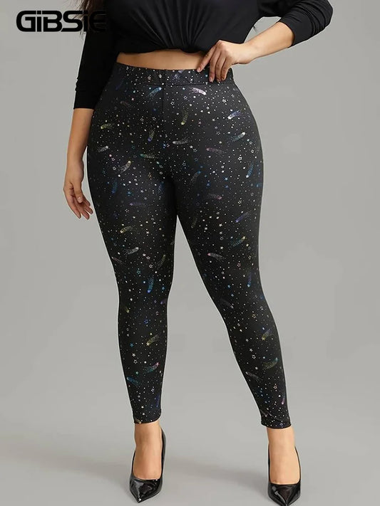 GIBSIE Plus Size Star Print Casual Women Leggings  High Waist Fashion Slim Pencil Trousers Female Bottoms
