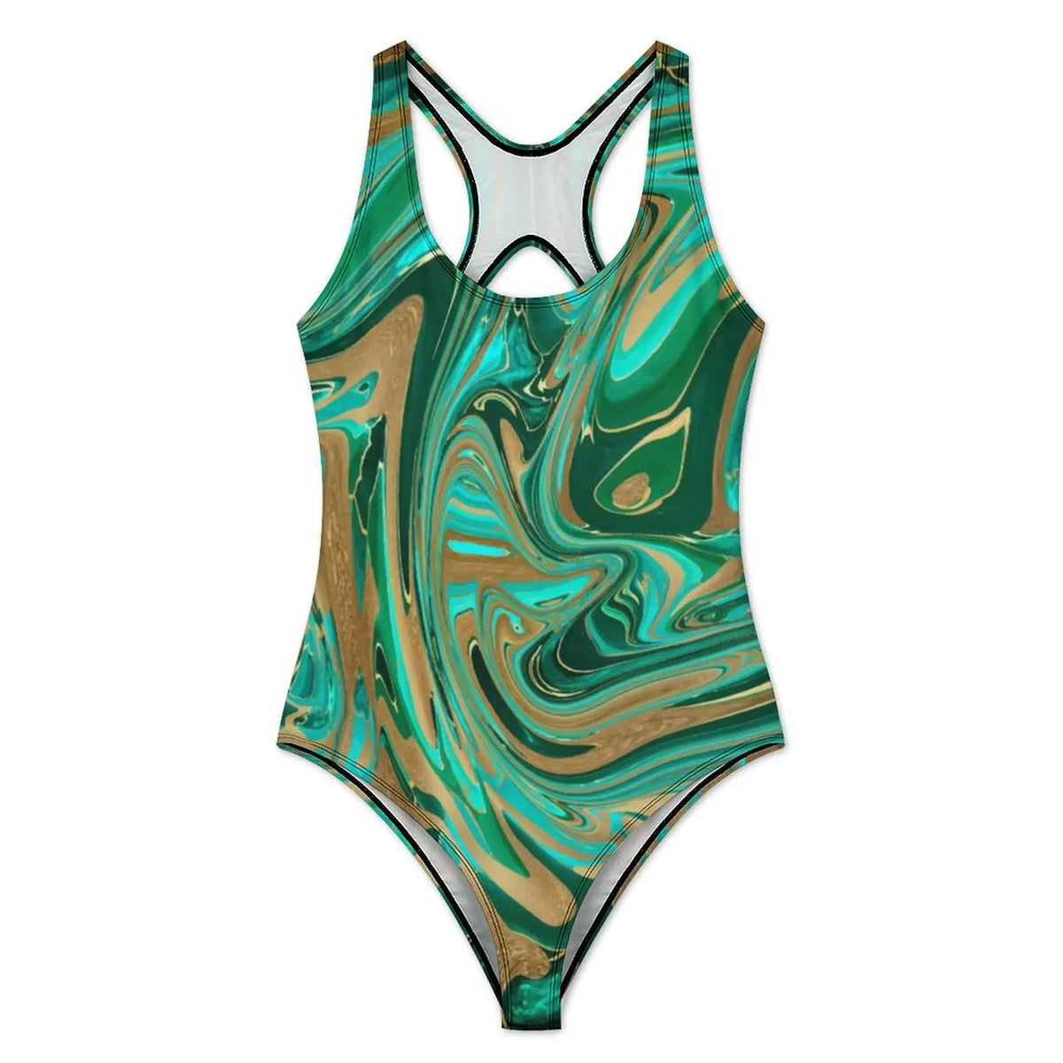 Women's Green & Gold Marble-Print One-Piece Swimsuit
