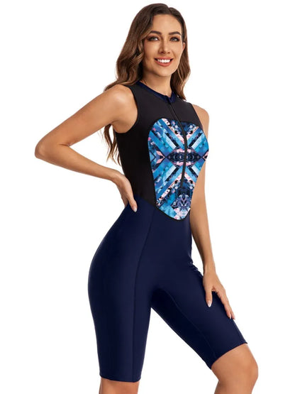 One Piece Zipper Swimsuit Knee Length Racing Swimsuit Female Swimming Sleeveless Outfit Women Professional Sporty Swimwear