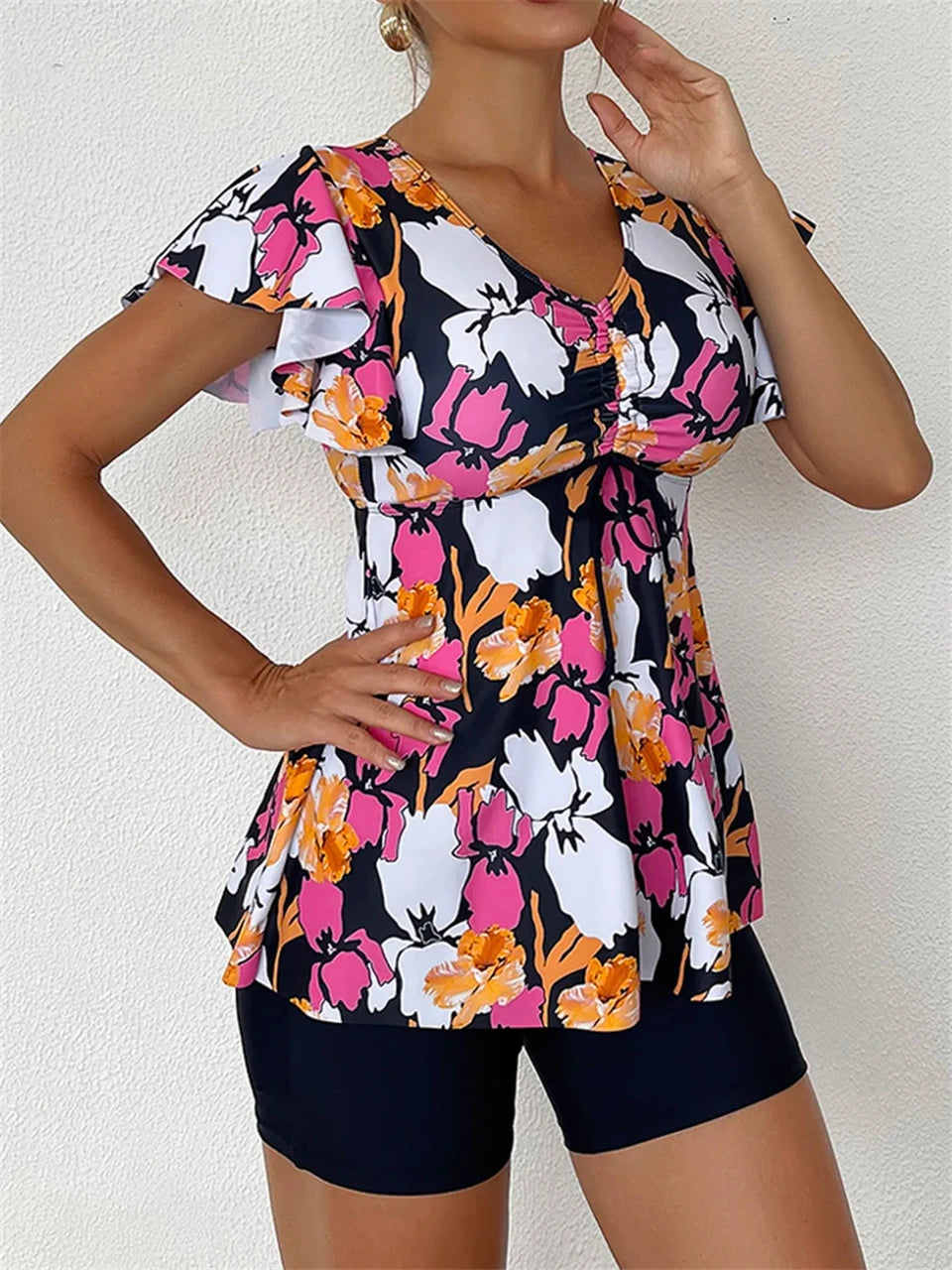 Drawstring Front Tankini Set Skirt Women High Waist Swimsuit Summer Beachwear Female Bathers Bathing Swimming Swim Suit