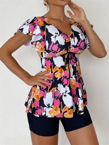 Drawstring Front Tankini Set Skirt Women High Waist Swimsuit Summer Beachwear Female Bathers Bathing Swimming Swim Suit