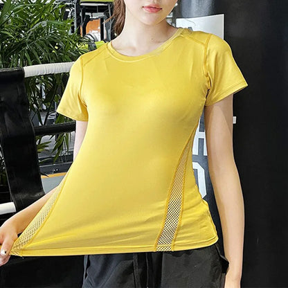 Quick Dry Breathable Mesh Splicing Slim Fit Reflective Strip Back Elastic Women Short Sleeve Sport T-shirt Yoga Gym Top