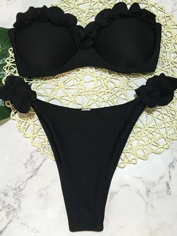 Ruffled Frilled Bra Cup Bikini Women Bandeau Swimsuit Female Swimwear Two Pieces Bikini Set Push Up Bathing Suit Swim
