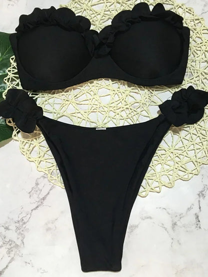 Ruffled Frilled Bra Cup Bikini Women Bandeau Swimsuit Female Swimwear Two Pieces Bikini Set Push Up Bathing Suit Swim