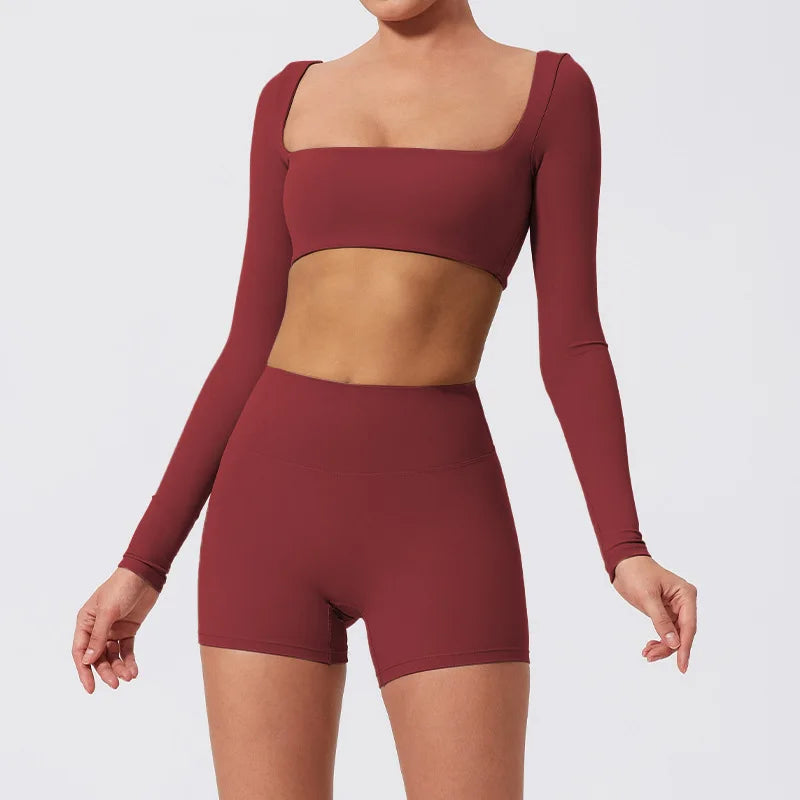 Yoga Clothes 2PCS Gym Set Sports Shorts Set Women Long Sleeved High Waist Shorts Fitness Suit Running Workout Tracksuit