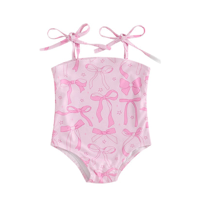 Kids Girls Sleeveless Bikini Swimsuit Cute Elastic Bow Print Strap Children Swimwear for Summer Beach Bathing Suit