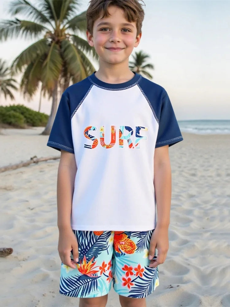 Boys' White Letter-Print Short-Sleeve Rash Guard & Shorts Set