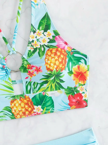 Strappy Hollow Bikini Women Ring Linked Swimwear Female Fold Triangle Swimsuit Bathers Bathing Swimming Suit Beachwear