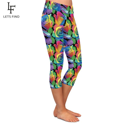 Colorful Flower Print High Waist Leggings Fashion  Women Casual Capri Leggings