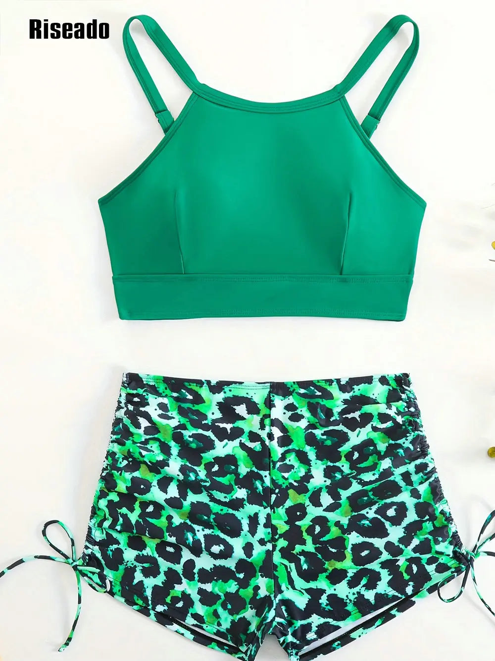 High Waisted Bikinis for Women High Neck Sporty Racerback Crop Top Swimsuit High Cut Two Piece Green Leopard Bathing Suit